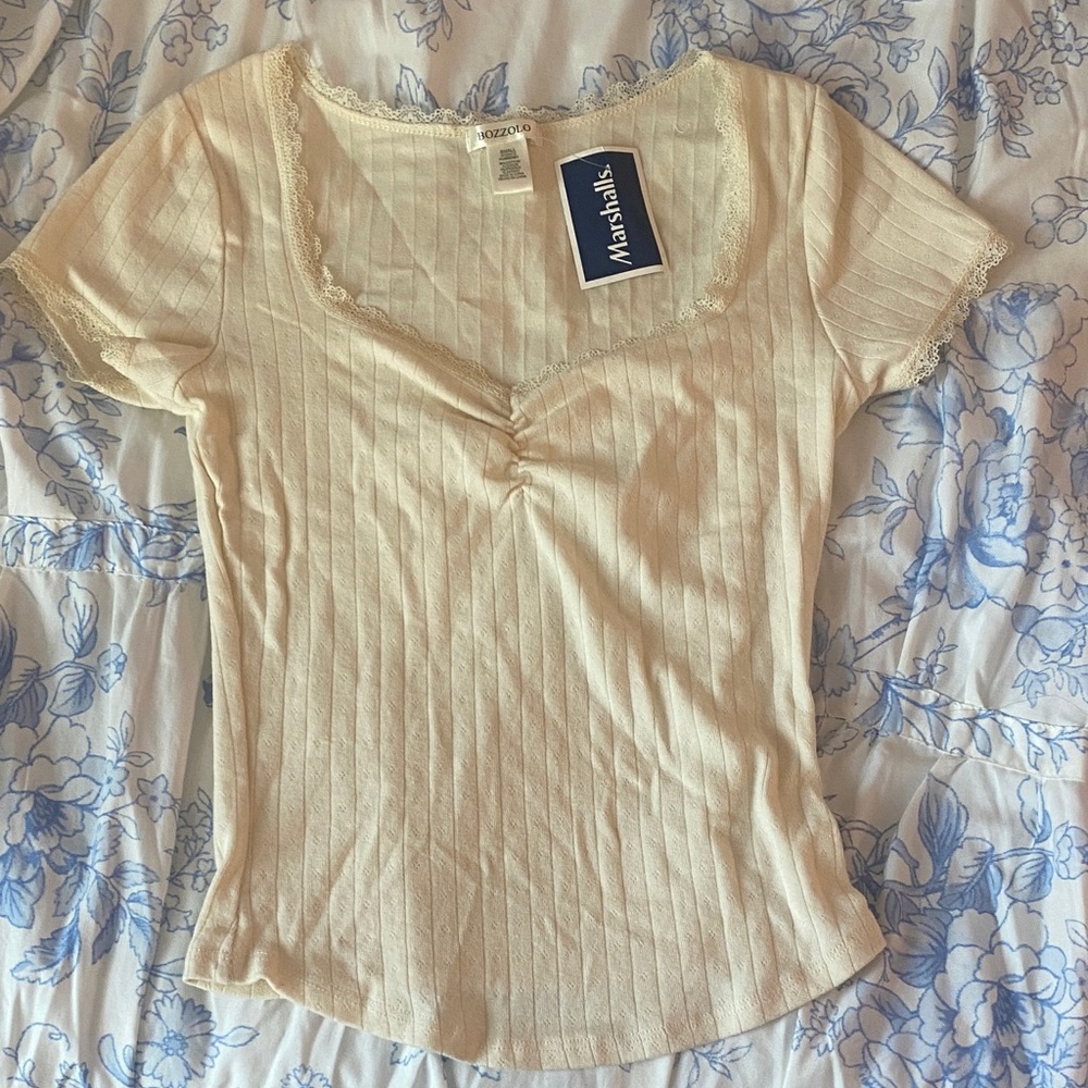 Women’s Size Small Bozzolo Cream Lace Trim Shirt
